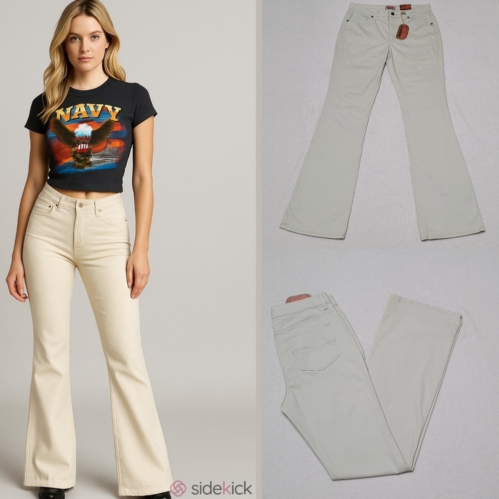 NoBo Deadstock Vintage 90s Tall Khaki Colored High Waisted Flared Hem Pants L
